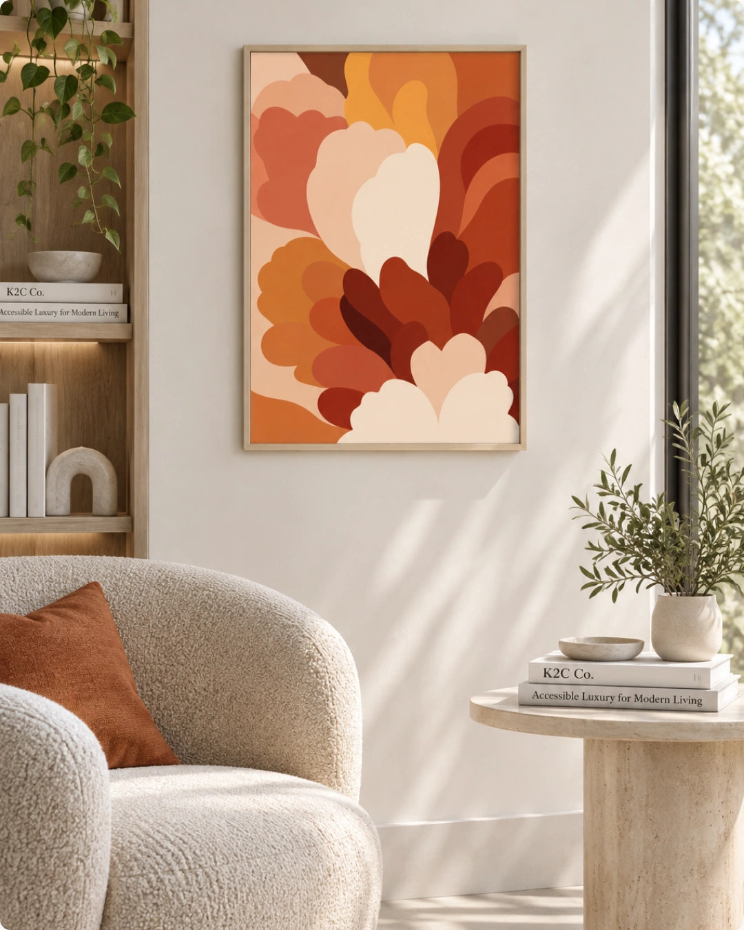 A framed abstract floral art print in warm autumn colors hangs on a white wall in a modern living room setting with a textured beige armchair and a small side table.