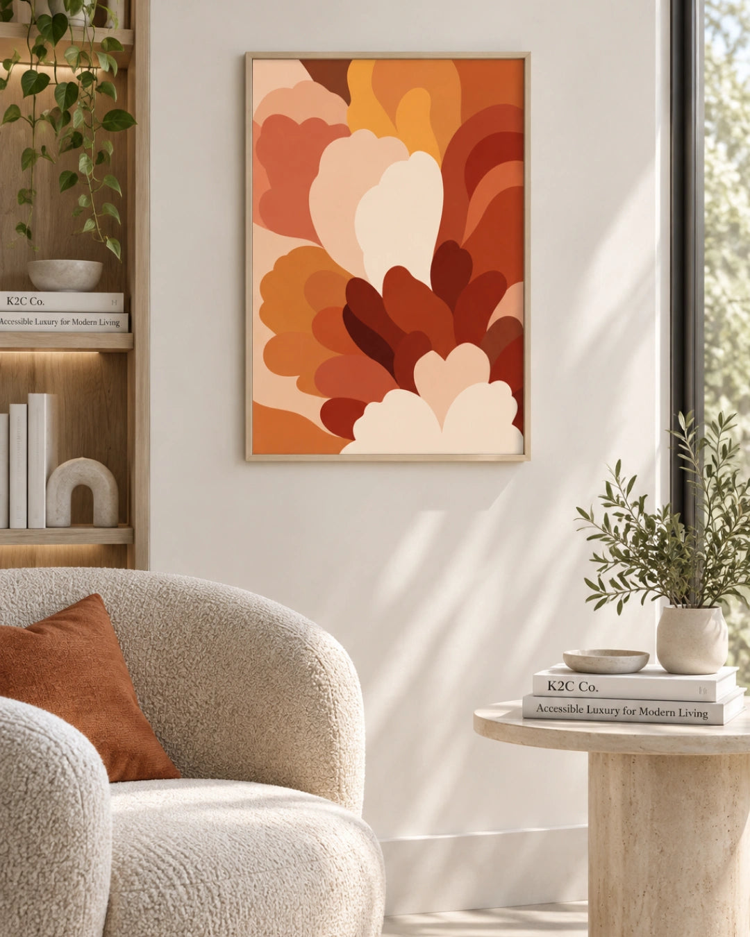 A framed abstract floral art print with layered organic shapes in warm orange, rust, terracotta, cream, and brown tones, displayed on a white wall in a styled living room with a beige armchair, side table, and plants.