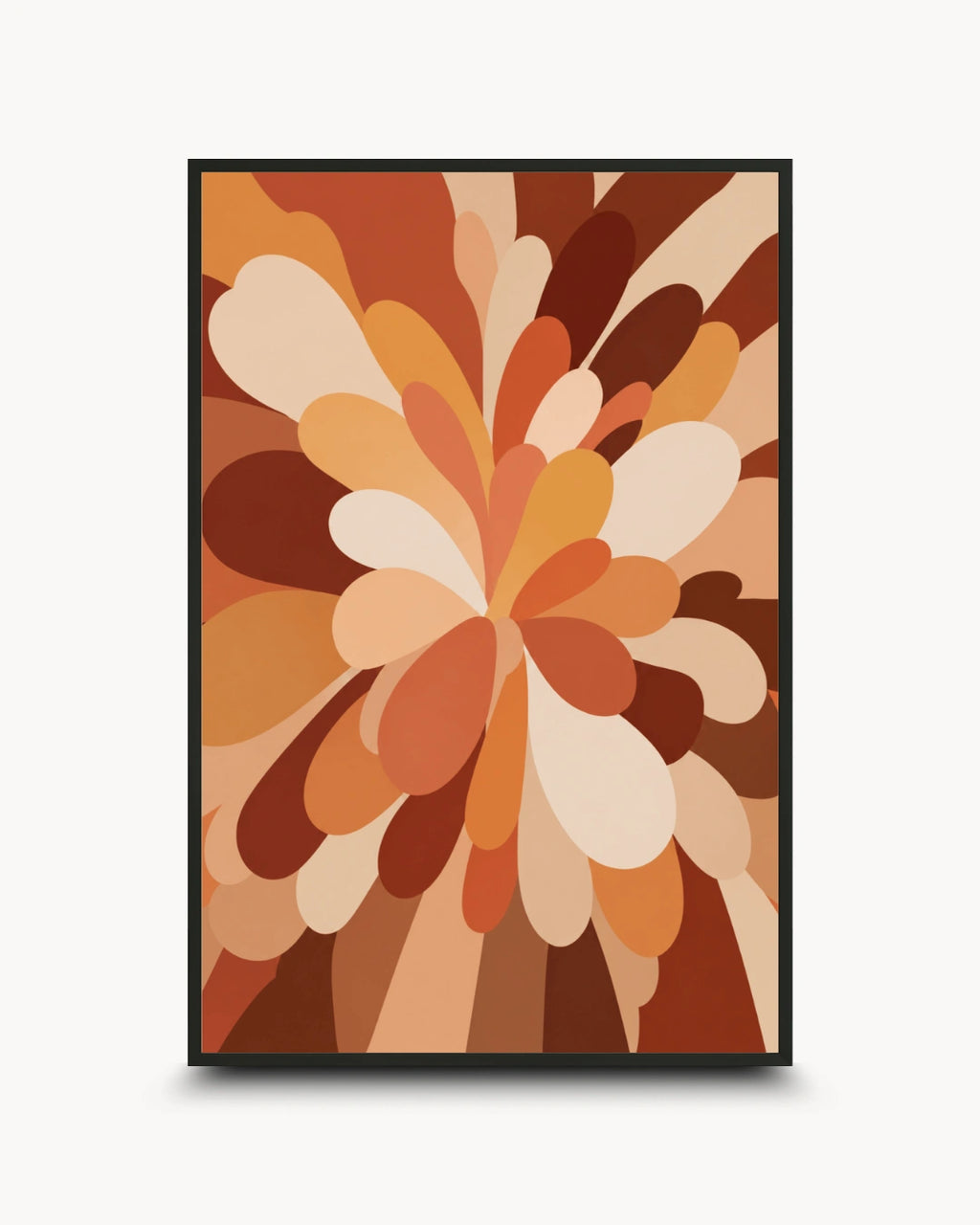 A framed abstract art print featuring a retro, mid-century modern floral burst design in warm earth tones of brown, orange, beige, and cream, set against a clean white background.