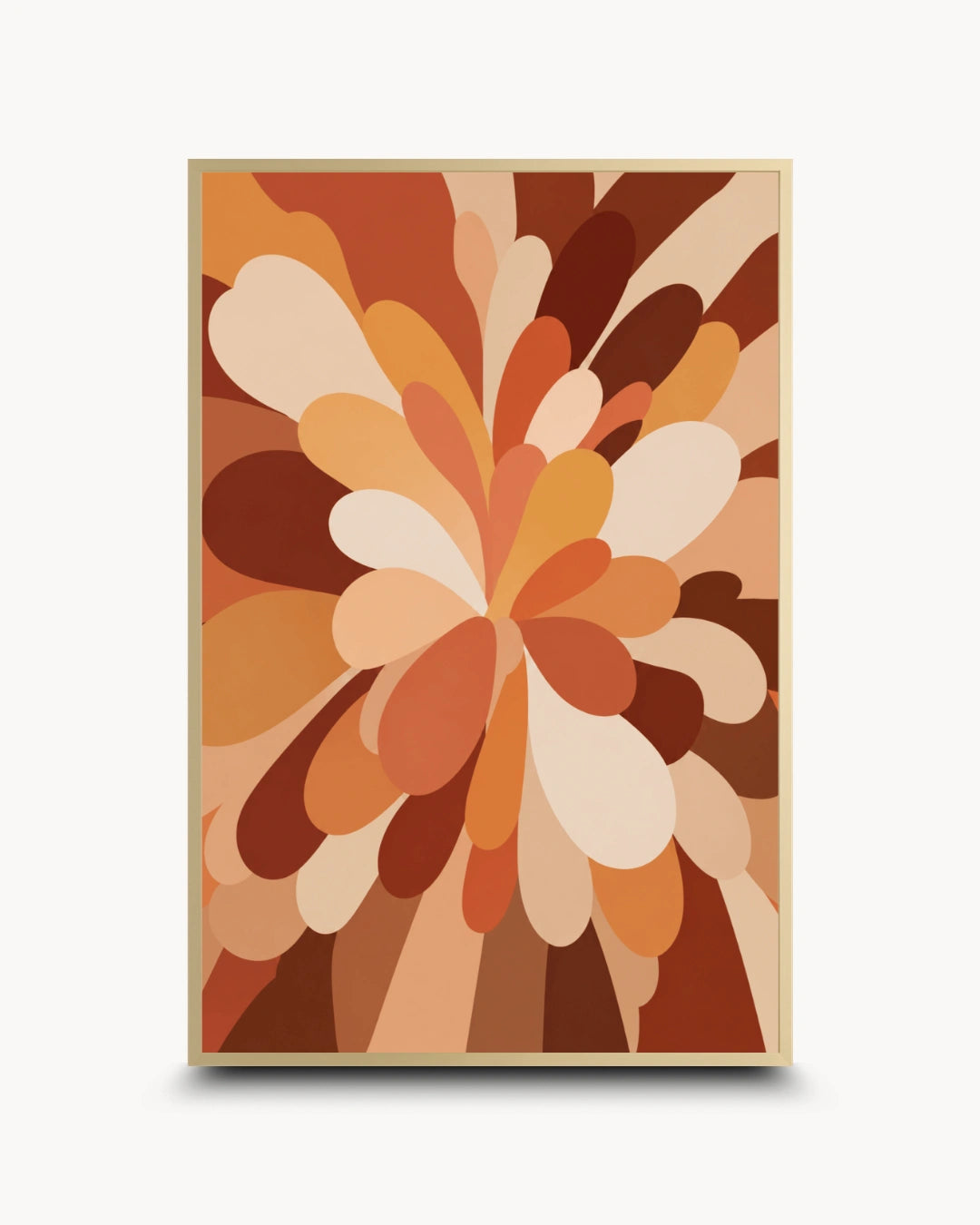 A framed abstract art print featuring a retro-style floral burst pattern in warm earth tones of brown, orange, beige, and cream, set against a light gray background.