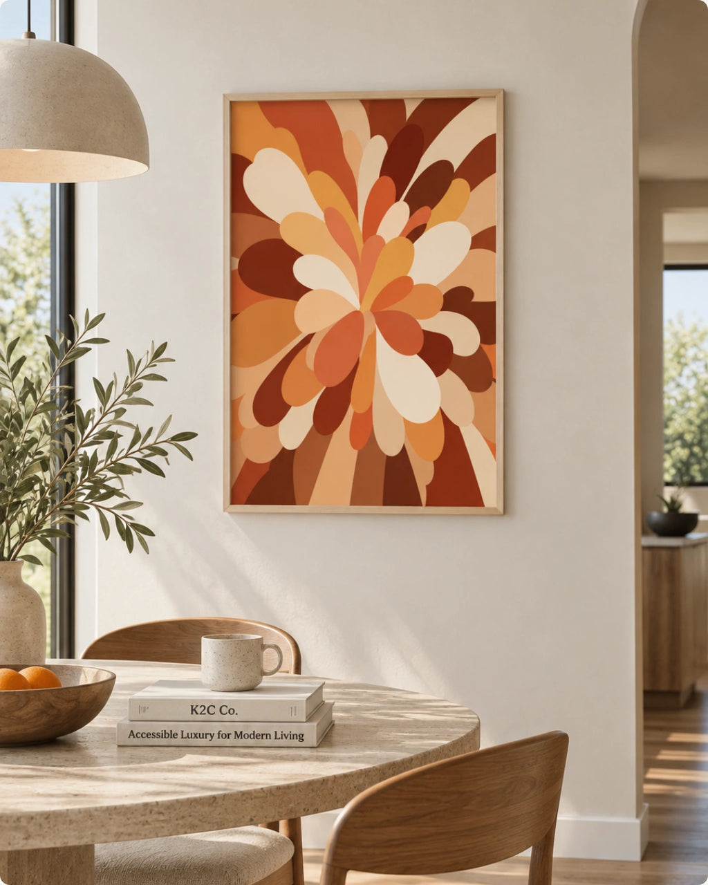 A framed abstract floral art print in warm autumn tones hangs on a white wall above a dining table in a modern, sunlit room.