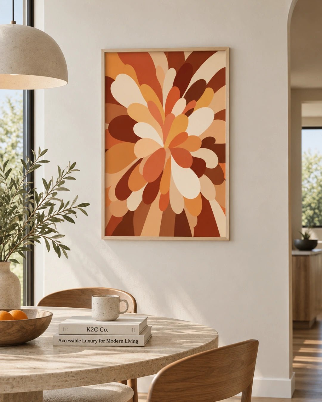 A framed abstract floral art print in warm earthy tones hangs on a white wall above a dining table with chairs, a lamp, and a plant in a modern interior setting.