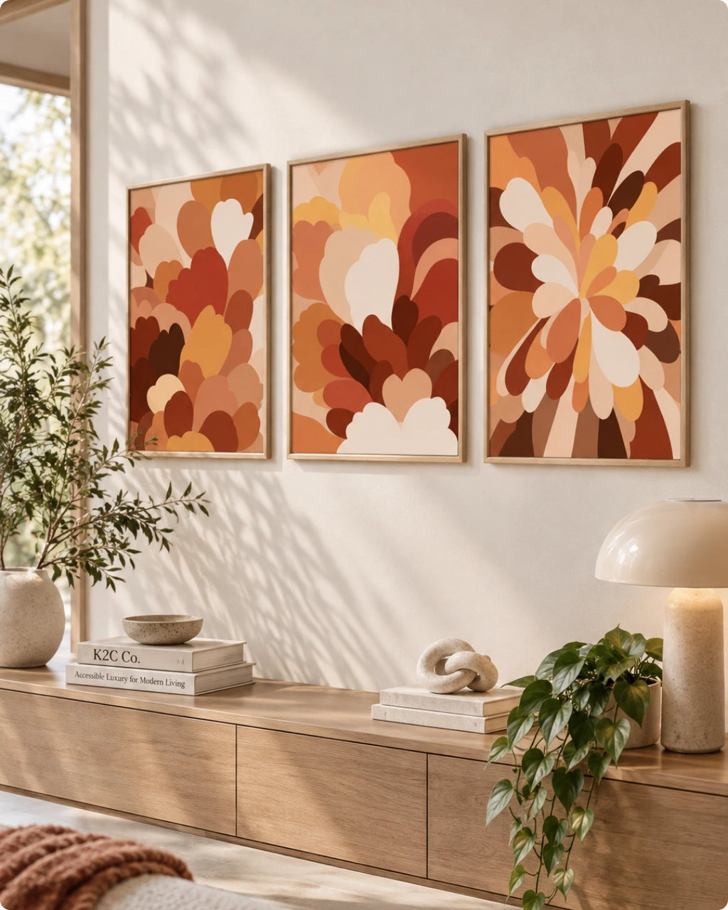 Three framed abstract floral art prints in warm earthy tones of orange, brown, beige, and cream, displayed side-by-side on a light beige wall above a wooden console table in a styled living room setting.