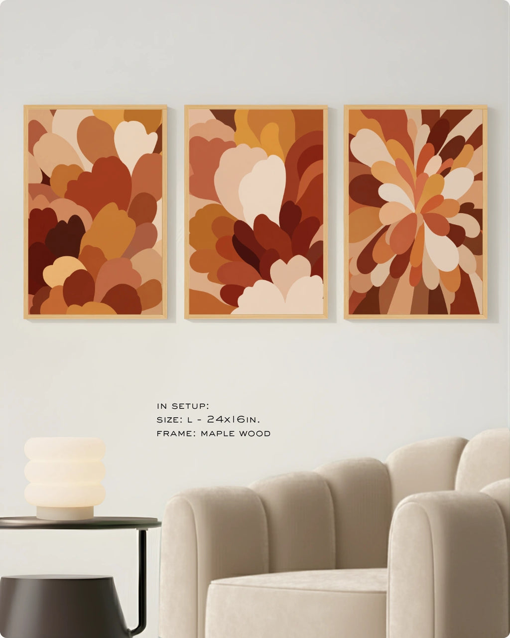 Three-piece abstract wall art set featuring organic floral shapes in warm earthy tones, displayed on a light gray wall above a beige armchair and side table. Text indicates setup details: size 24x16 in, maple wood frame.
