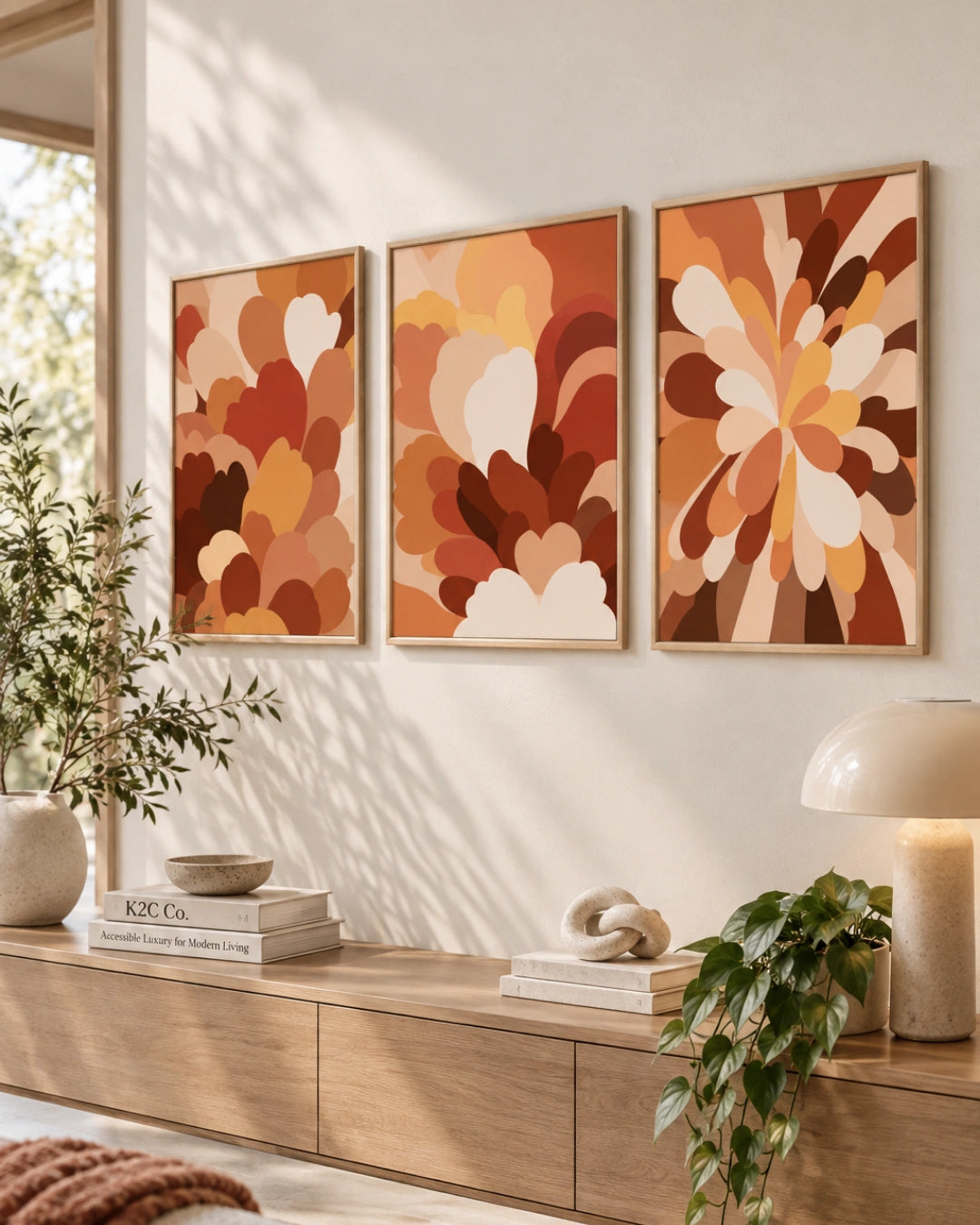 Three framed abstract floral wall art prints in warm earthy tones hang above a wooden console table in a styled living room setting with plants and a lamp.