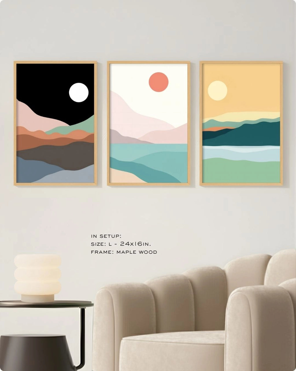 Large (Size L) 3-piece minimalist landscape gallery wall in Maple Wood frames by K2C Co., perfectly scaled for a balanced and organic living room look.