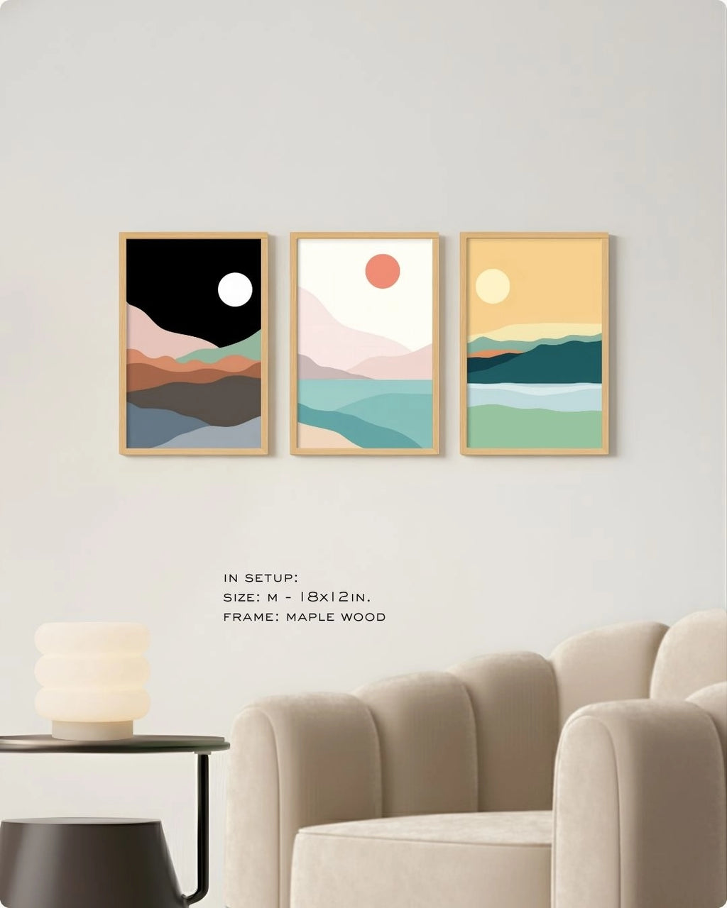 Medium (Size M) 3-piece landscape gallery wall set in Maple Wood frames by K2C Co., providing a cohesive and calming nature-inspired vibe for modern homes.
