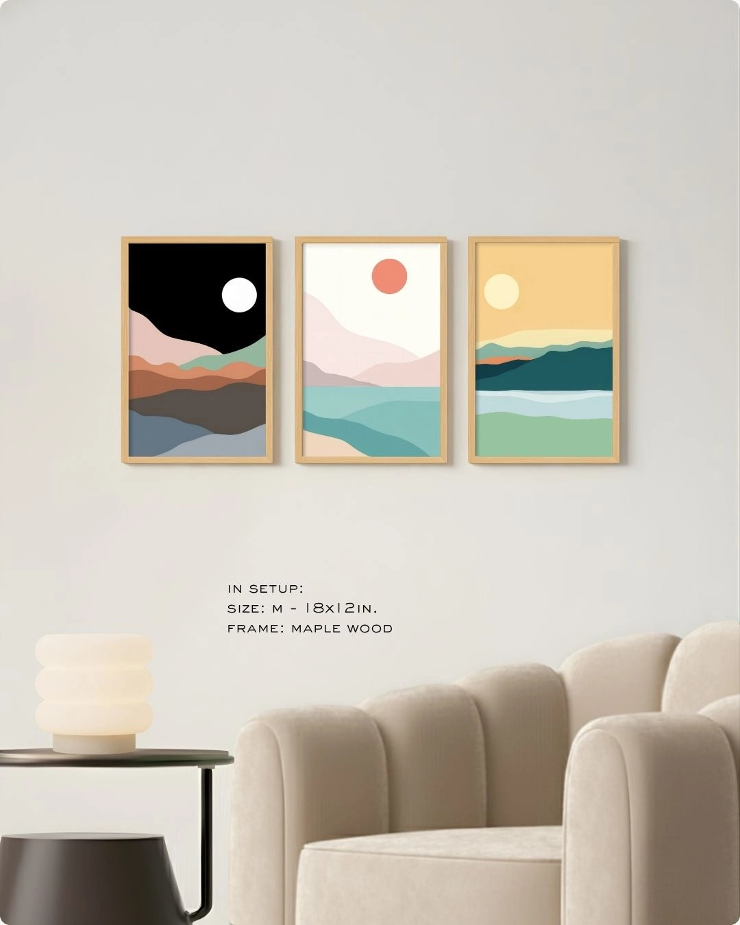 Medium (Size M) 3-piece landscape gallery wall set in Maple Wood frames by K2C Co., providing a cohesive and calming nature-inspired vibe for modern homes.