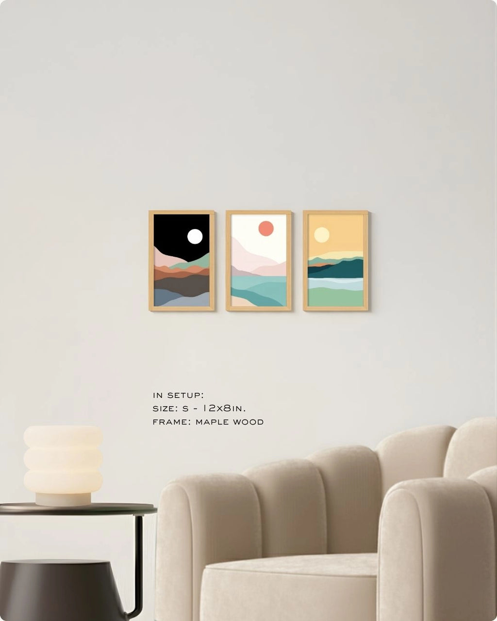 Small (Size S) 3-piece minimalist landscape gallery wall in Maple Wood frames by K2C Co., demonstrating how to style compact wall spaces with a complete art set.