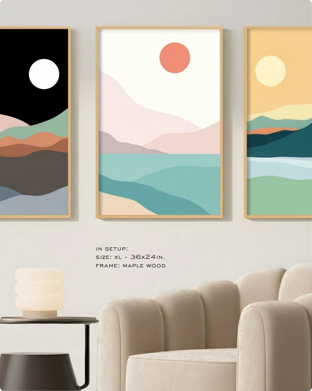 Extra Large (XL) 3-piece landscape gallery wall in natural Maple Wood frames by K2C Co., making a bold artistic statement above a modern beige armchair.