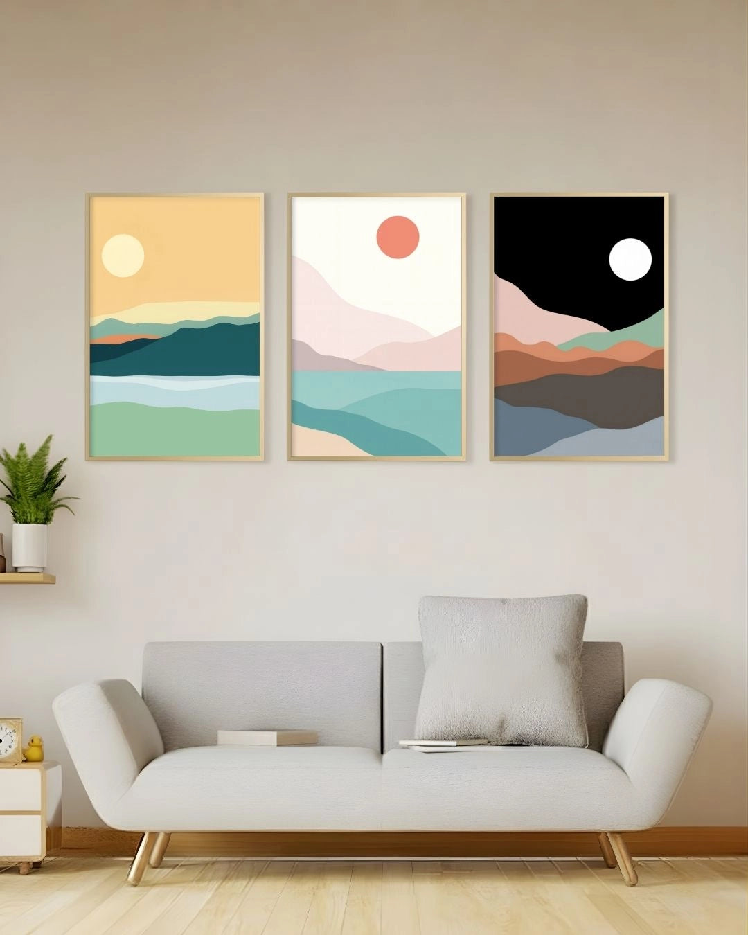 A 3-piece minimalist landscape gallery wall set by K2C Co. in Satin Gold frames, featuring Day, Coastal, and Night horizon designs above a modern grey sofa.