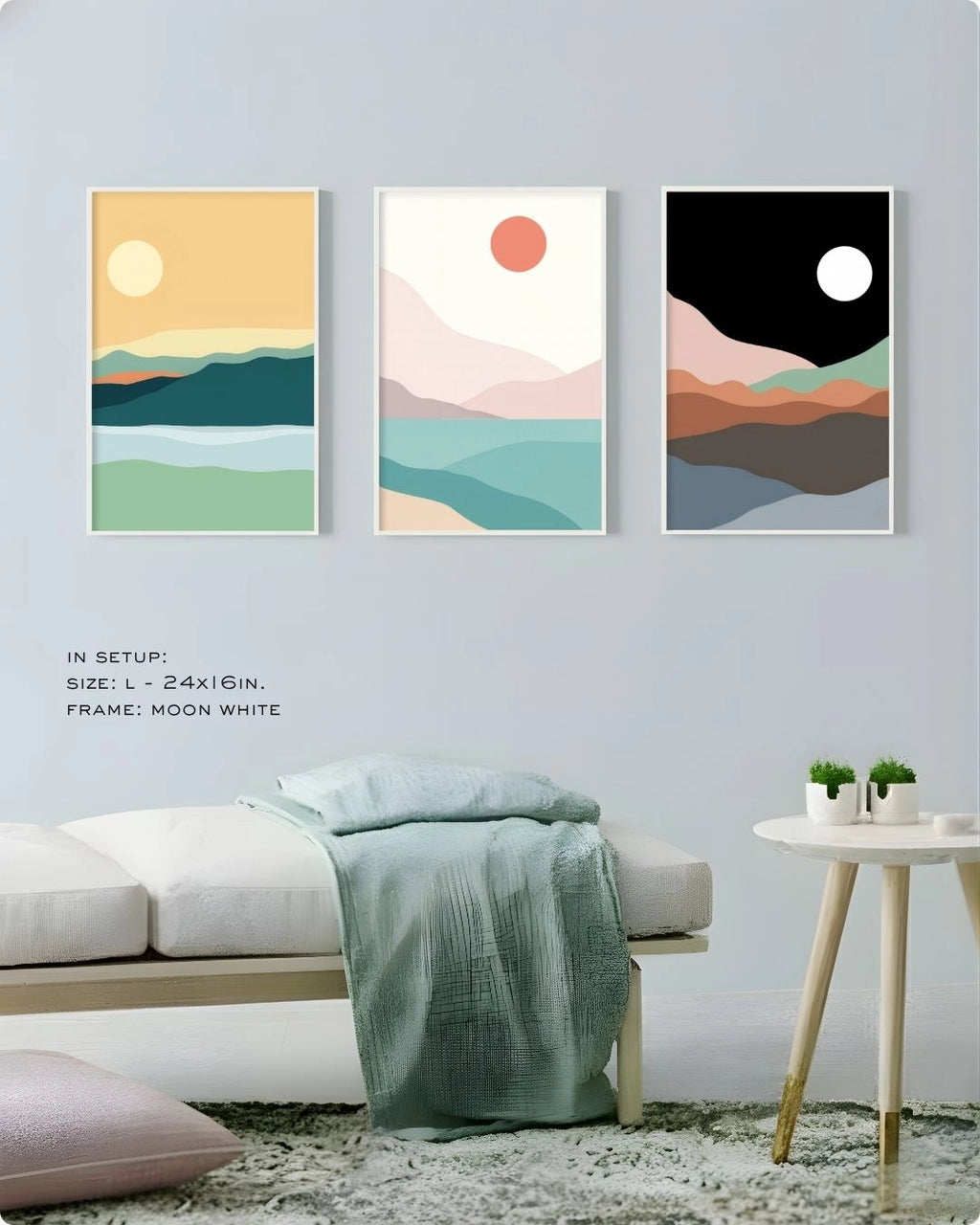 K2C Co. 3-piece minimalist landscape gallery set in Moon White frames, displayed in a serene bedroom setup with soft pastel bedding and a Japandi aesthetic.