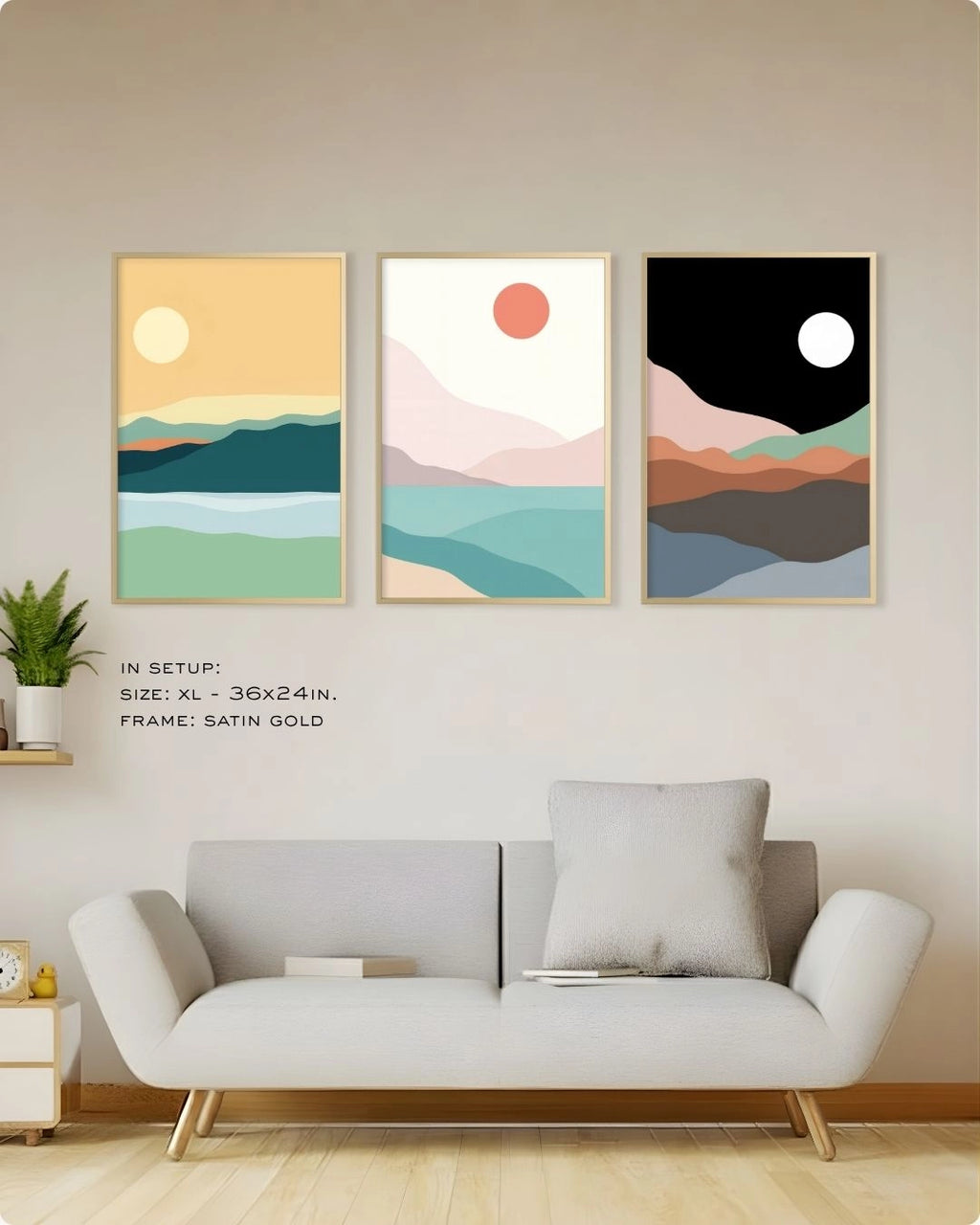 3-piece triptych landscape art set in elegant Satin Gold frames by K2C Co., styled in a bright, modern living room setting to showcase premium wall decor.