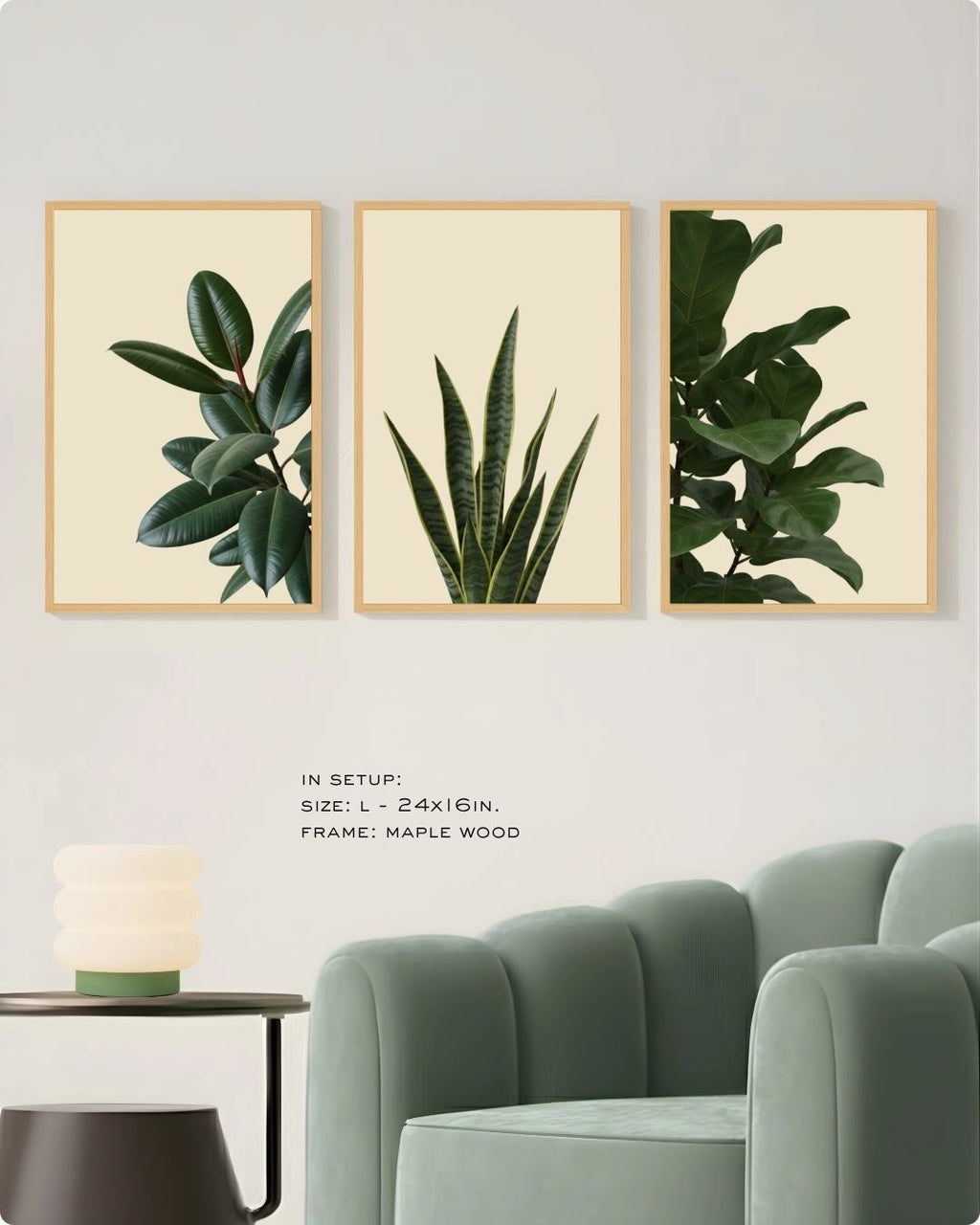 Large (Size L) 3-piece houseplant gallery wall in Maple Wood frames by K2C Co., styled for a clean, natural Scandinavian interior.