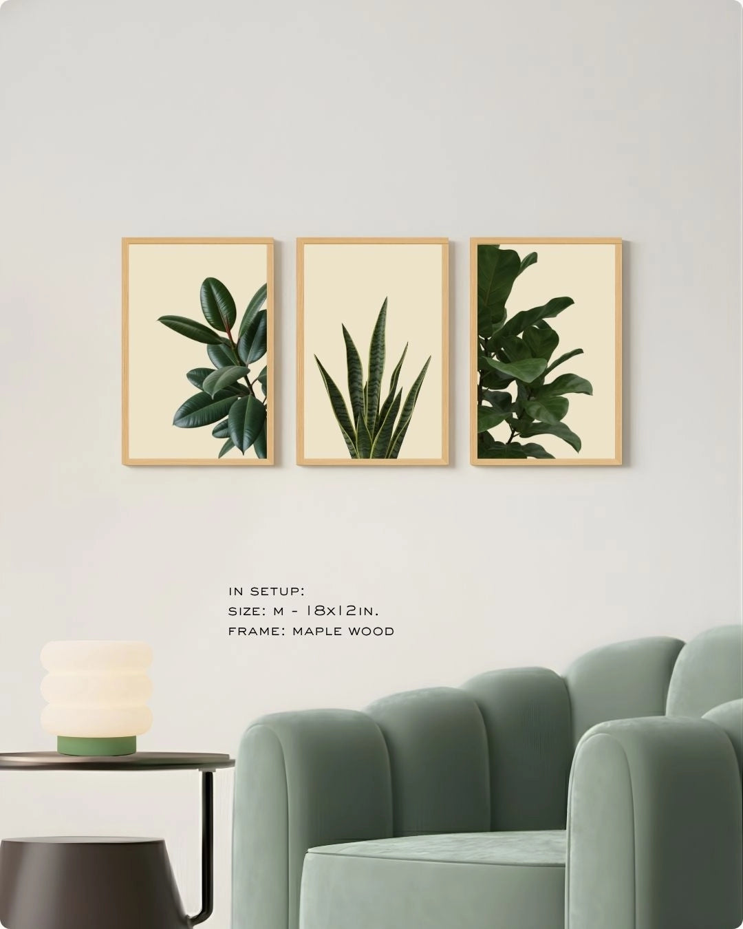 Medium (Size M) 3-piece houseplant gallery wall in Maple Wood frames by K2C Co., providing a cohesive nature-inspired look for modern homes.