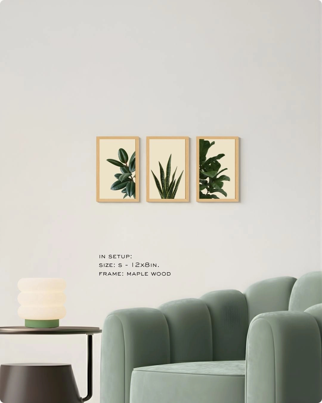 Small (Size S) 3-piece houseplant gallery wall in Maple Wood frames by K2C Co., demonstrating how to style small-scale botanical art sets.
