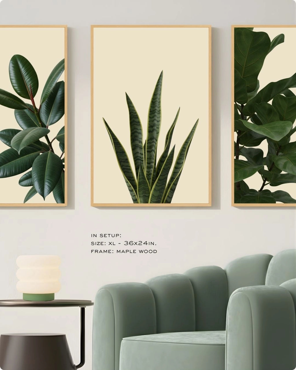 Extra Large (XL) 3-piece houseplant gallery wall in Maple Wood frames by K2C Co., shown above a green armchair and side table.