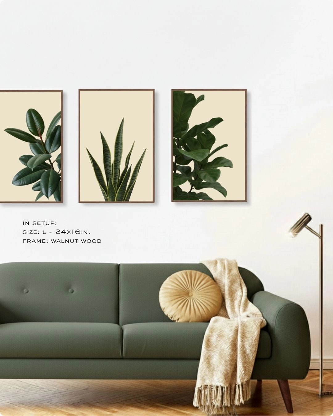 K2C Co. 3-piece houseplant botanical gallery set in Walnut Wood frames, featuring popular green leaf prints in a Japandi living room.
