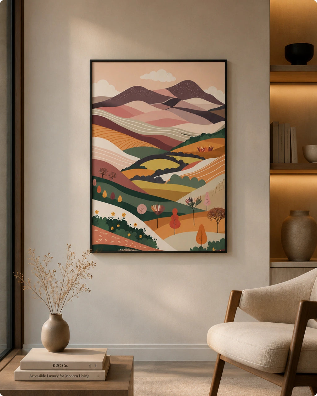 A framed landscape art print featuring stylized rolling hills, trees, and mountains in warm earthy tones, displayed on a beige wall in a modern living room setting with a chair, shelf, and books.