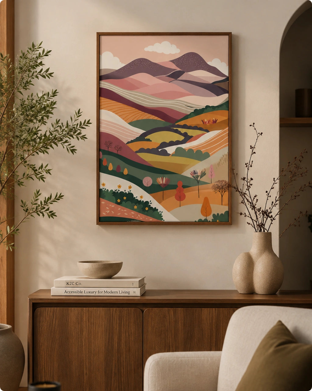 Lifestyle mockup of the Terra 1 landscape wall art in a Walnut Wood frame styled above a dark wood cabinet near a beige textured armchair.