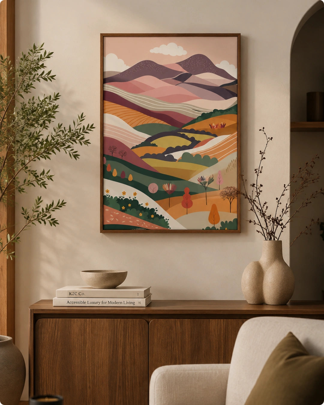 Lifestyle mockup of the Terra 1 landscape wall art in a Walnut Wood frame styled above a dark wood cabinet near a beige textured armchair.