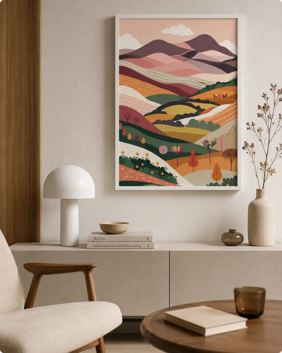 Lifestyle interior mockup of the Terra 1 landscape wall art in a white frame hung above a white console table with a modern ribbed lamp.