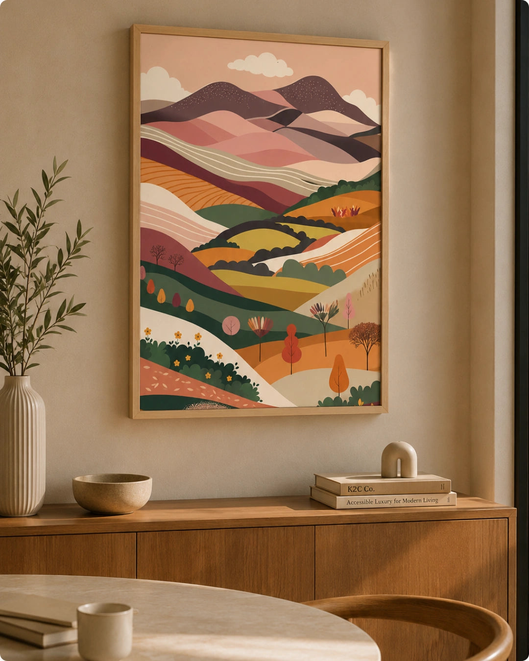 Lifestyle mockup of the Terra 1 landscape wall art in a Maple Wood frame displayed above a modern wooden sideboard with ceramic vases.