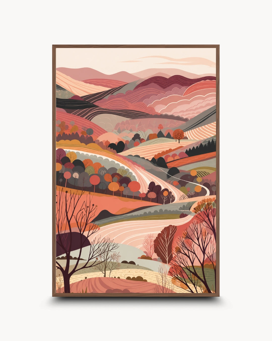 Modern minimalist nature prints featuring abstract rolling hills and a winding river, presented in a Walnut Wood frame with a matte finish.