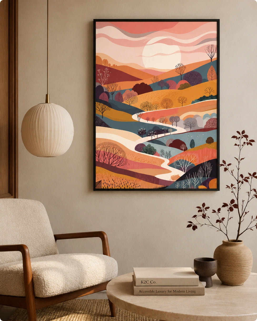 Lifestyle mockup of the Terra 1 landscape wall art in a Noir Black frame styled above a low table beside a beige chair in a warm minimalist room.