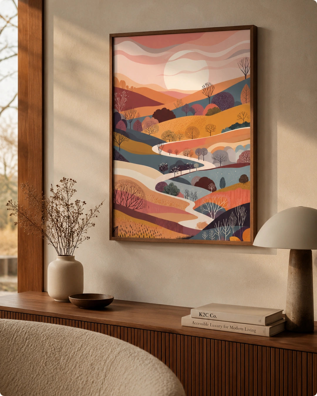 Lifestyle mockup of the Terra 1 landscape wall art in a Walnut Wood frame styled above a dark wood cabinet near a beige textured armchair.