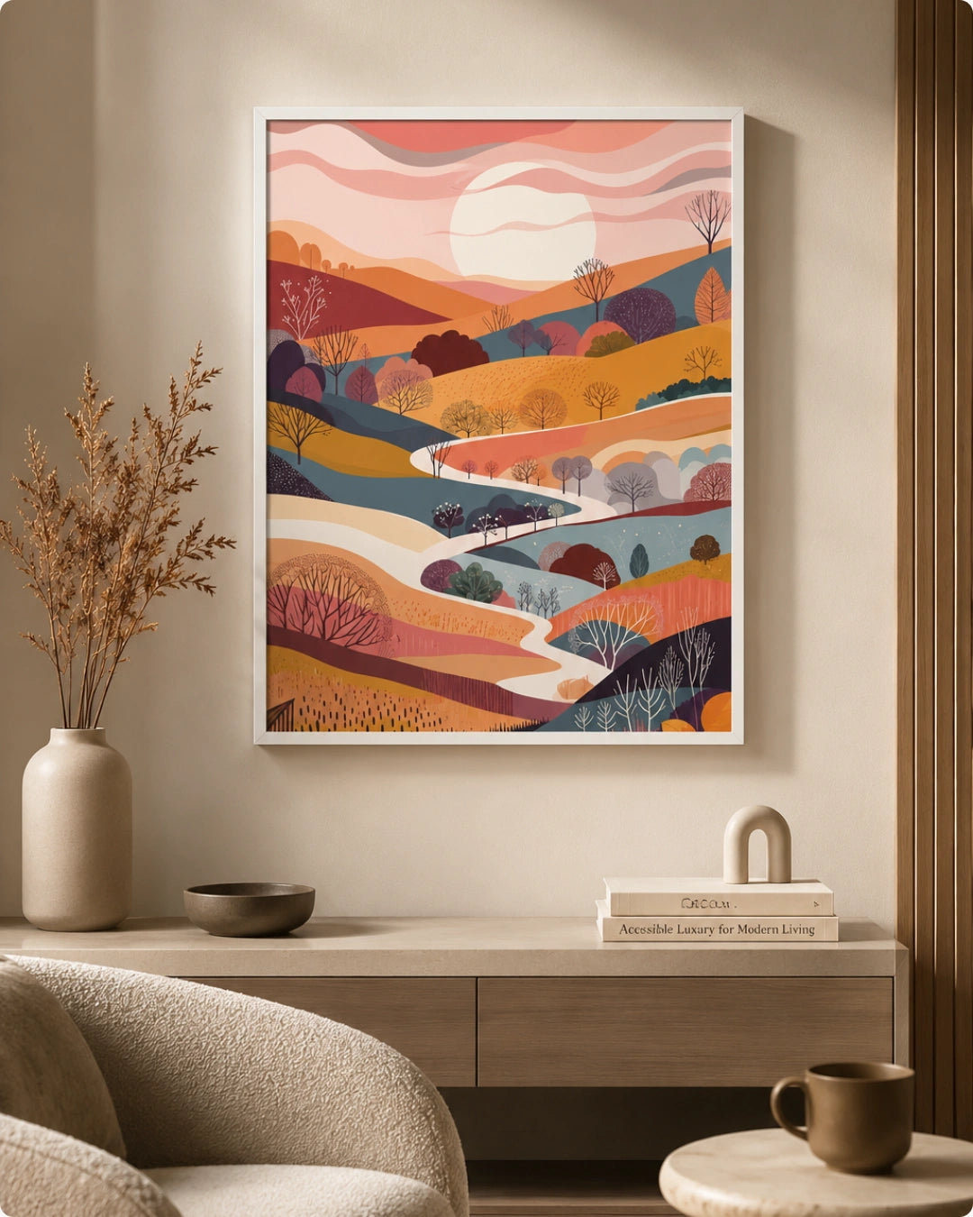 Lifestyle interior mockup of the Terra 1 landscape wall art in a white frame hung above a white console table with a modern ribbed lamp.