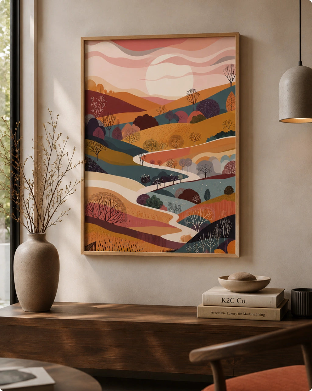 Lifestyle mockup of the Terra 1 landscape wall art in a Maple Wood frame displayed above a modern wooden sideboard with ceramic vases.