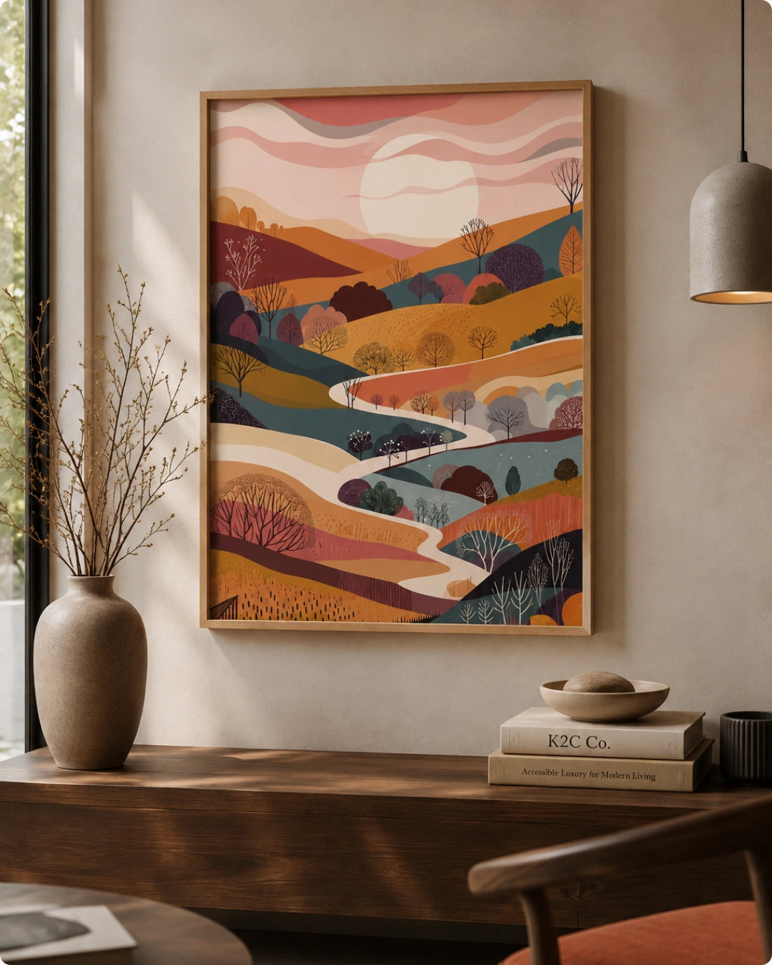 Lifestyle mockup of the Terra 1 landscape wall art in a Maple Wood frame displayed above a modern wooden sideboard with ceramic vases.