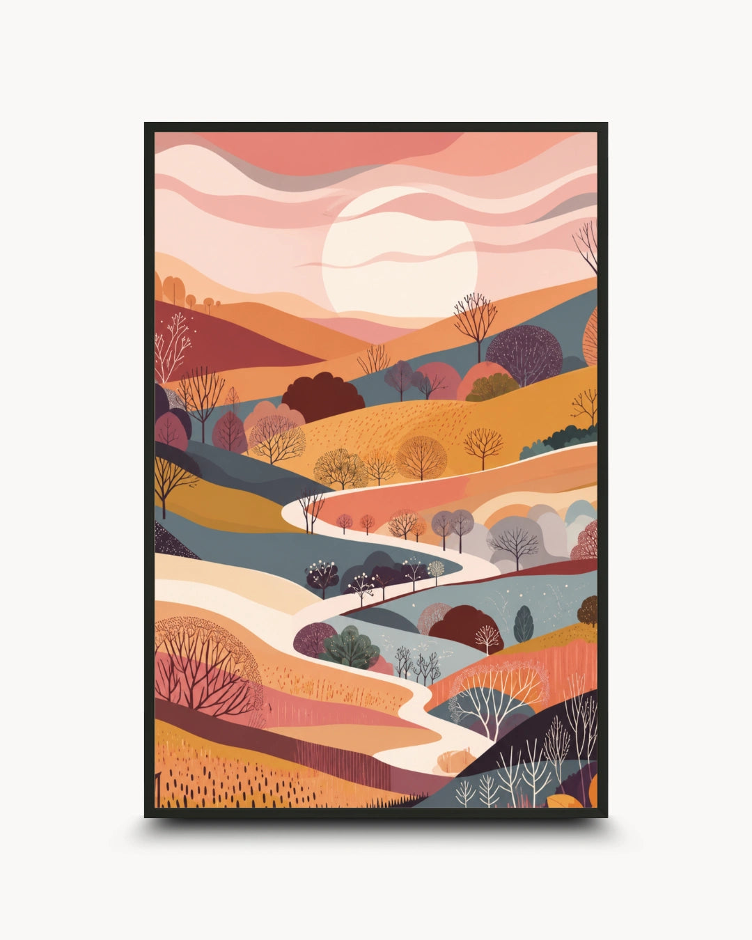 Modern minimalist nature prints featuring abstract rolling hills and a winding river, presented in a Noir Black frame with a matte finish.