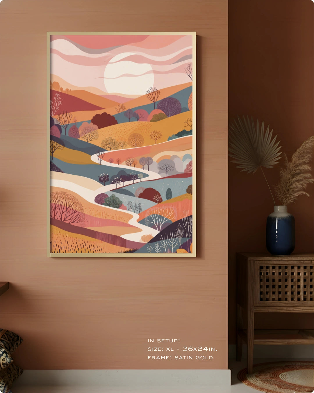 Visual size guide mockup for the Terra 1 landscape wall art in Extra Large size with a Satin Gold frame displayed over a woven cabinet against a terracotta wall.