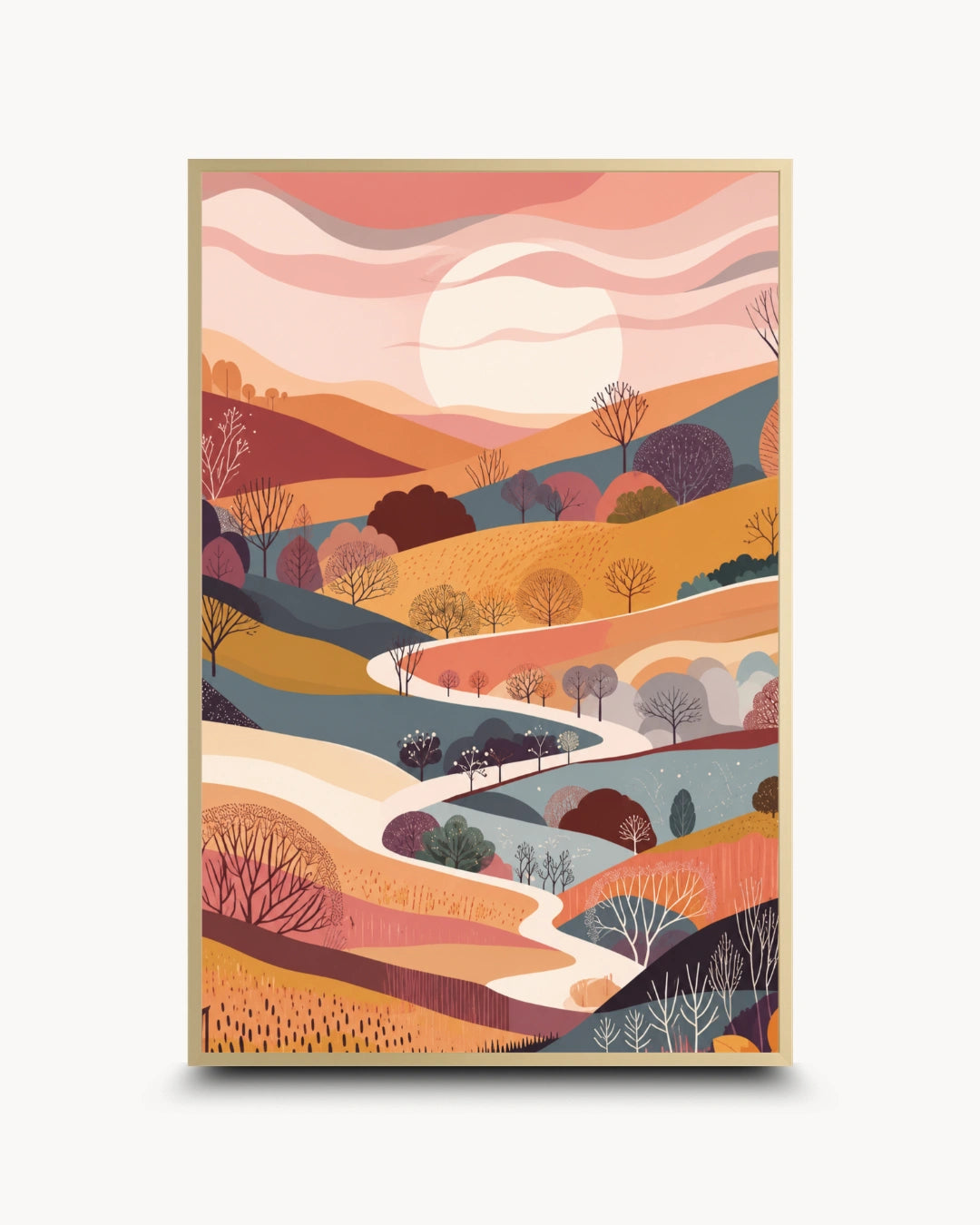 Modern minimalist nature prints featuring abstract rolling hills and a winding river, presented in a Satin Gold frame with a matte finish.