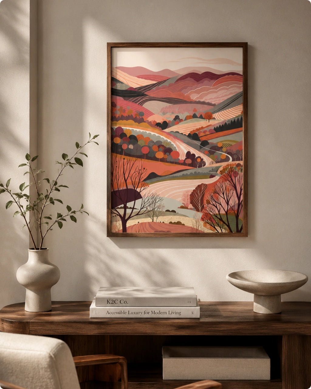 Lifestyle mockup of the Terra 3 landscape wall art in a Walnut Wood frame styled above a modern dark wood cabinet with a ceramic bowl.
