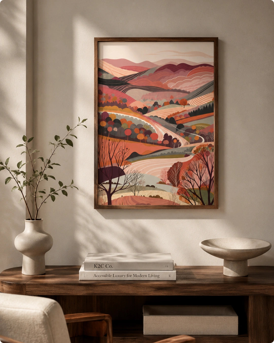 Lifestyle mockup of the Terra 3 landscape wall art in a Walnut Wood frame styled above a modern dark wood cabinet with a ceramic bowl.