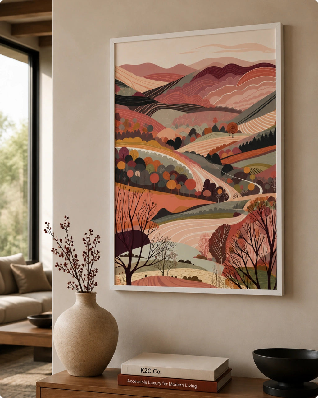 Lifestyle interior mockup of the Terra 3 landscape wall art in a white frame hung above a light wood console table with neutral vases.