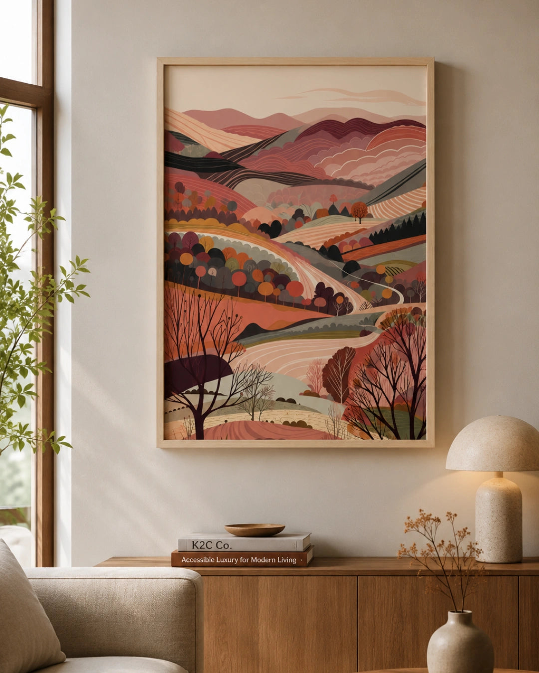 Alternate lifestyle mockup of the Terra 3 landscape wall art in a Maple Wood frame displayed above a modern wooden sideboard with warm lighting.
