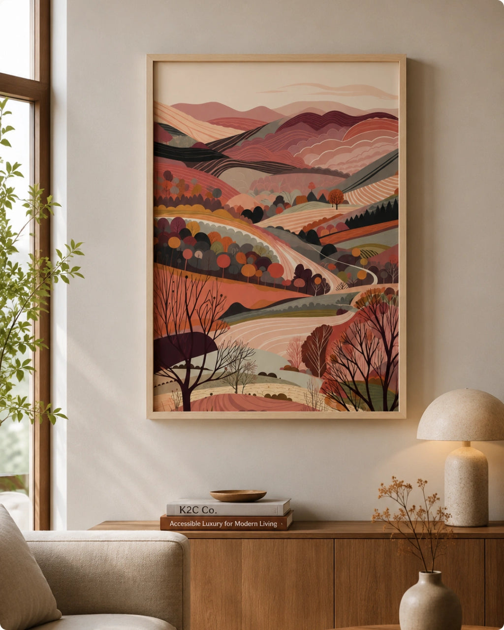Lifestyle mockup of the Terra 3 landscape wall art in a Maple Wood frame displayed above a modern wooden sideboard with warm lighting.