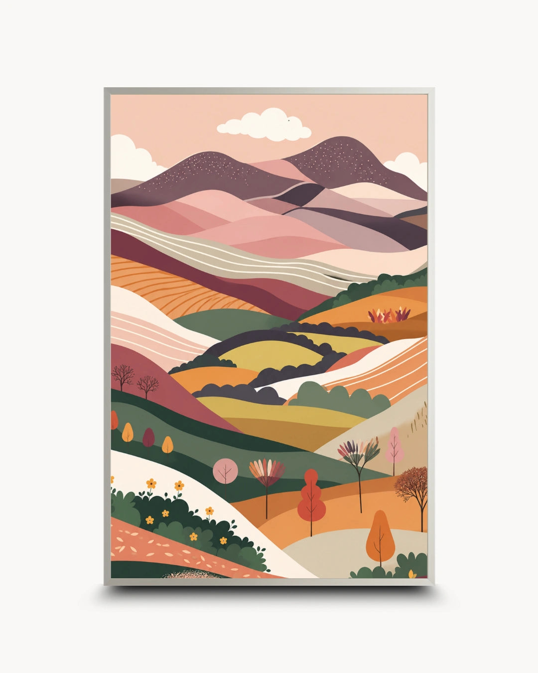 Modern minimalist nature prints featuring abstract rolling hills, a winding river, and soft clouds, presented in a silver frame with a matte finish.