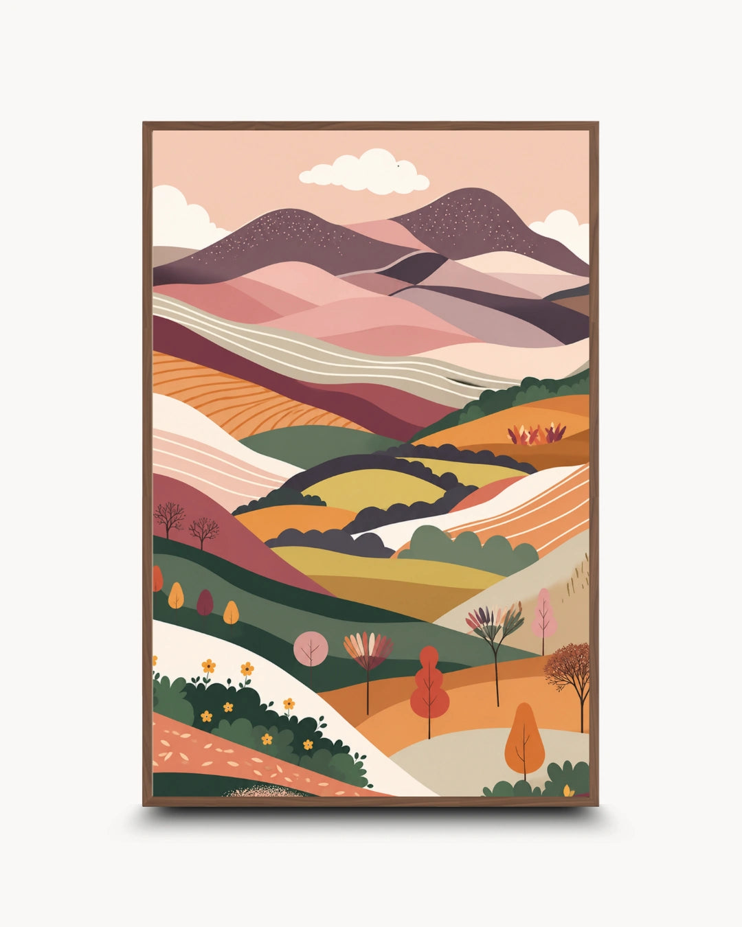 Modern minimalist nature prints featuring abstract rolling hills, a winding river, and soft clouds, presented in a Walnut Wood frame with a matte finish.