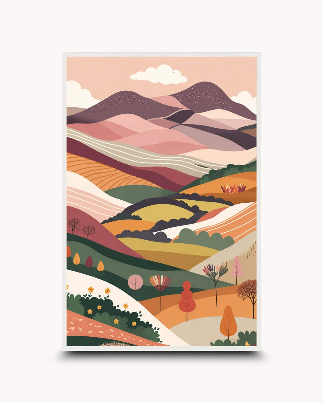 Modern minimalist nature prints featuring abstract rolling hills, a winding river, and soft clouds, presented in a white frame with a matte finish.