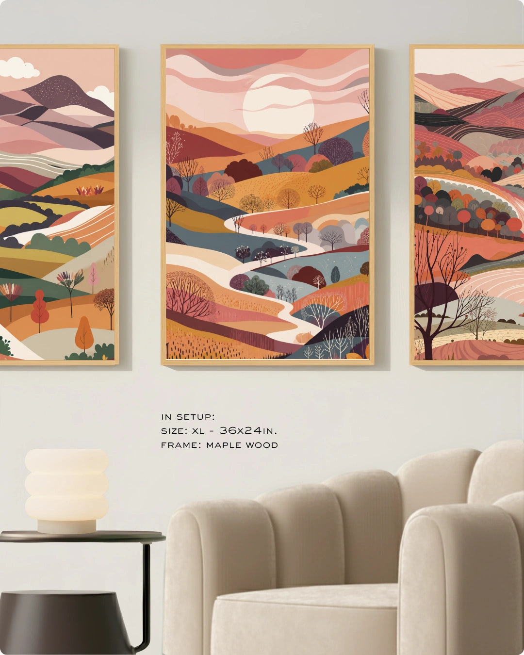 Lifestyle mockup of the Terra Collection landscape wall art triptych in Noir Black frames styled above a dark wood console with Japandi tea sets.