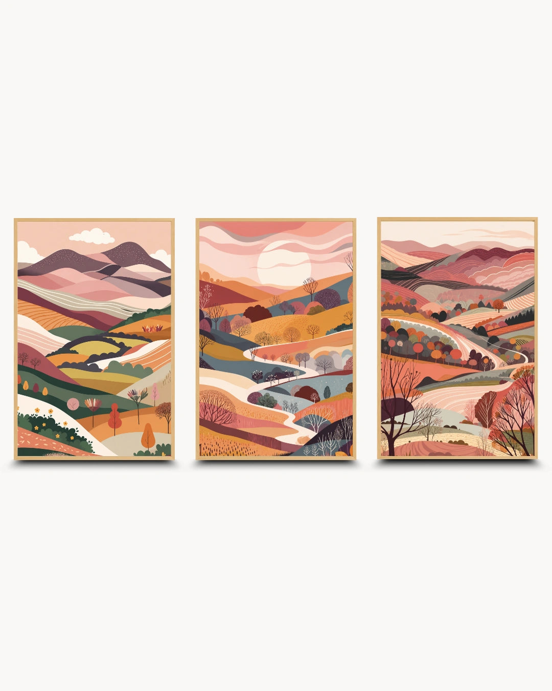 Triptych modern minimalist nature prints featuring abstract rolling hills, a winding river, and a setting sun, presented in Maple Wood frames with a matte finish.