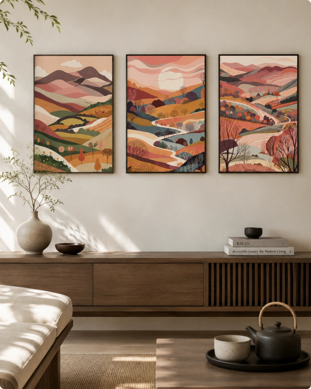 Lifestyle mockup of the Terra Collection landscape wall art triptych in Walnut Wood frames styled above a low wooden sideboard near a minimalist sofa.