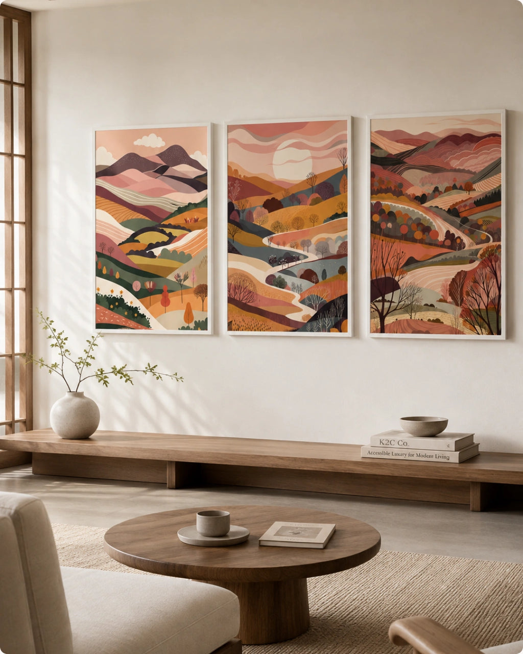 A three-panel framed wall art set depicting stylized rolling hills and winding roads in warm earthy tones, displayed above a long wooden bench in a modern living room.