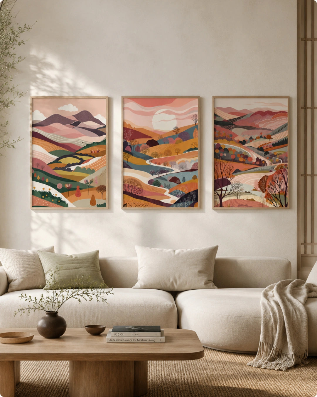 Lifestyle mockup of the Terra Collection landscape wall art triptych in Walnut Wood frames styled above a low wooden sideboard near a minimalist sofa.