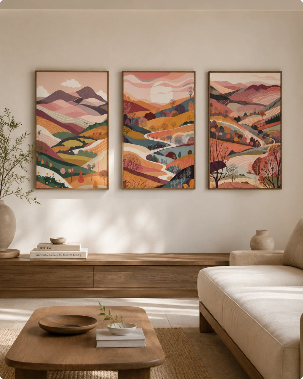 Three framed landscape art prints with warm autumnal colors hang on a beige wall above a wooden console in a styled living room with a sofa and coffee table.